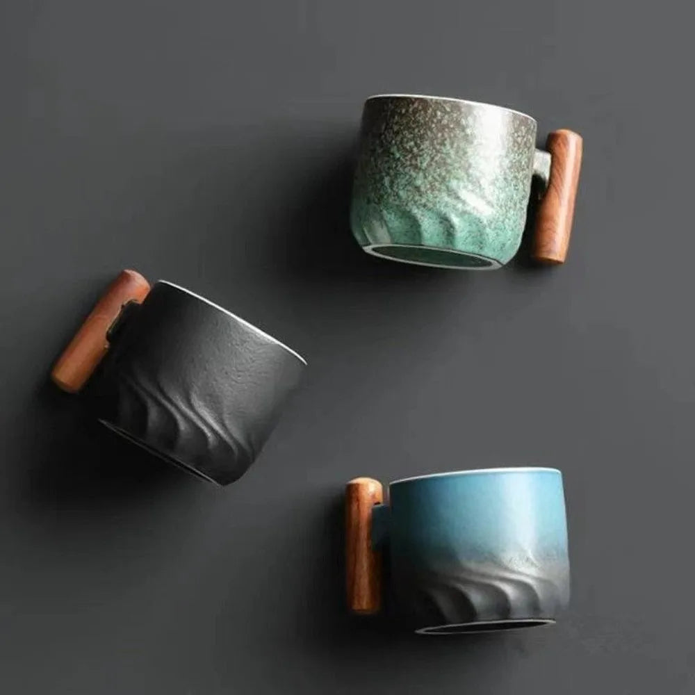 Creative Ceramic Retro Coffee Cup Handmade Kiln Design Filter Tea Mug Wooden Handle Office Water Cup Birthday Gift