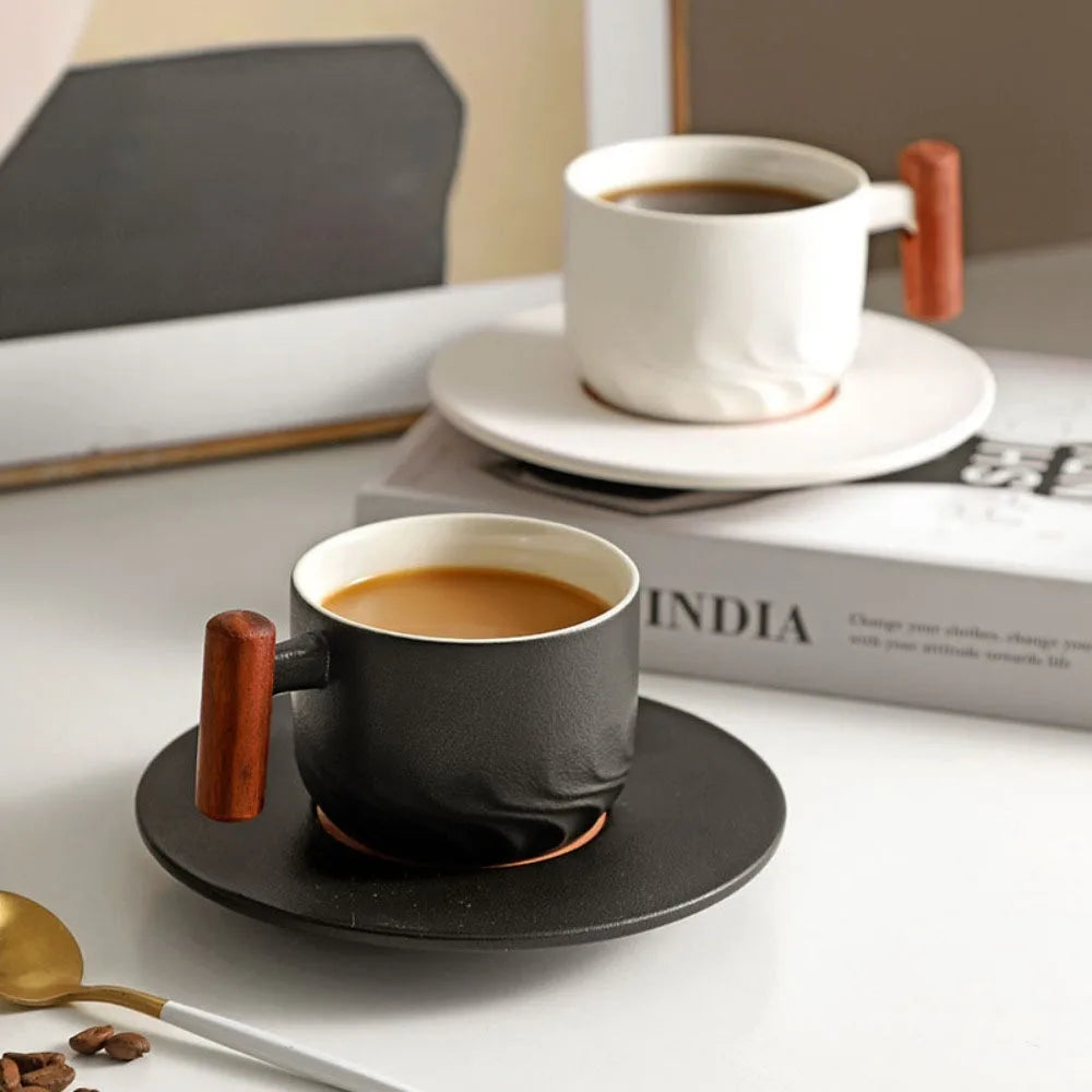 Creative Ceramic Retro Coffee Cup Handmade Kiln Design Filter Tea Mug Wooden Handle Office Water Cup Birthday Gift