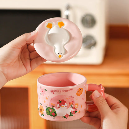 Cup Cartoon Duckling Mug Underglaze Colored Cup With Cute Lid Water Cup High Aesthetic Value Household Ceramic Cup Breakfast Cup