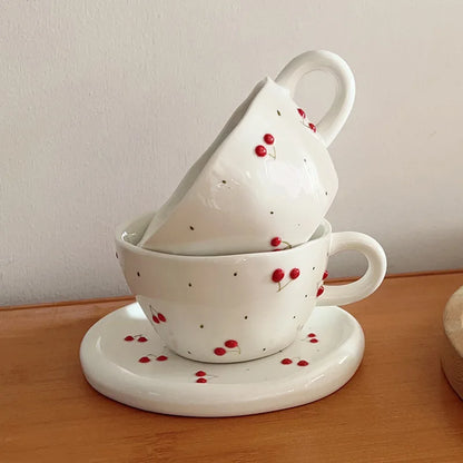 300ml 10oz Hand -painted Embossed Cherry Coffee Cup Exquisite Retro Ceramics Cherry Coffee Cup Cup Afternoon Tea Cup 1 Piece