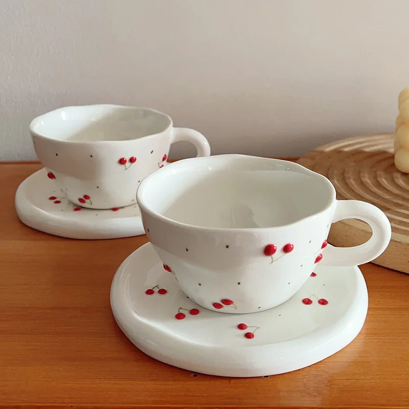 300ml 10oz Hand -painted Embossed Cherry Coffee Cup Exquisite Retro Ceramics Cherry Coffee Cup Cup Afternoon Tea Cup 1 Piece