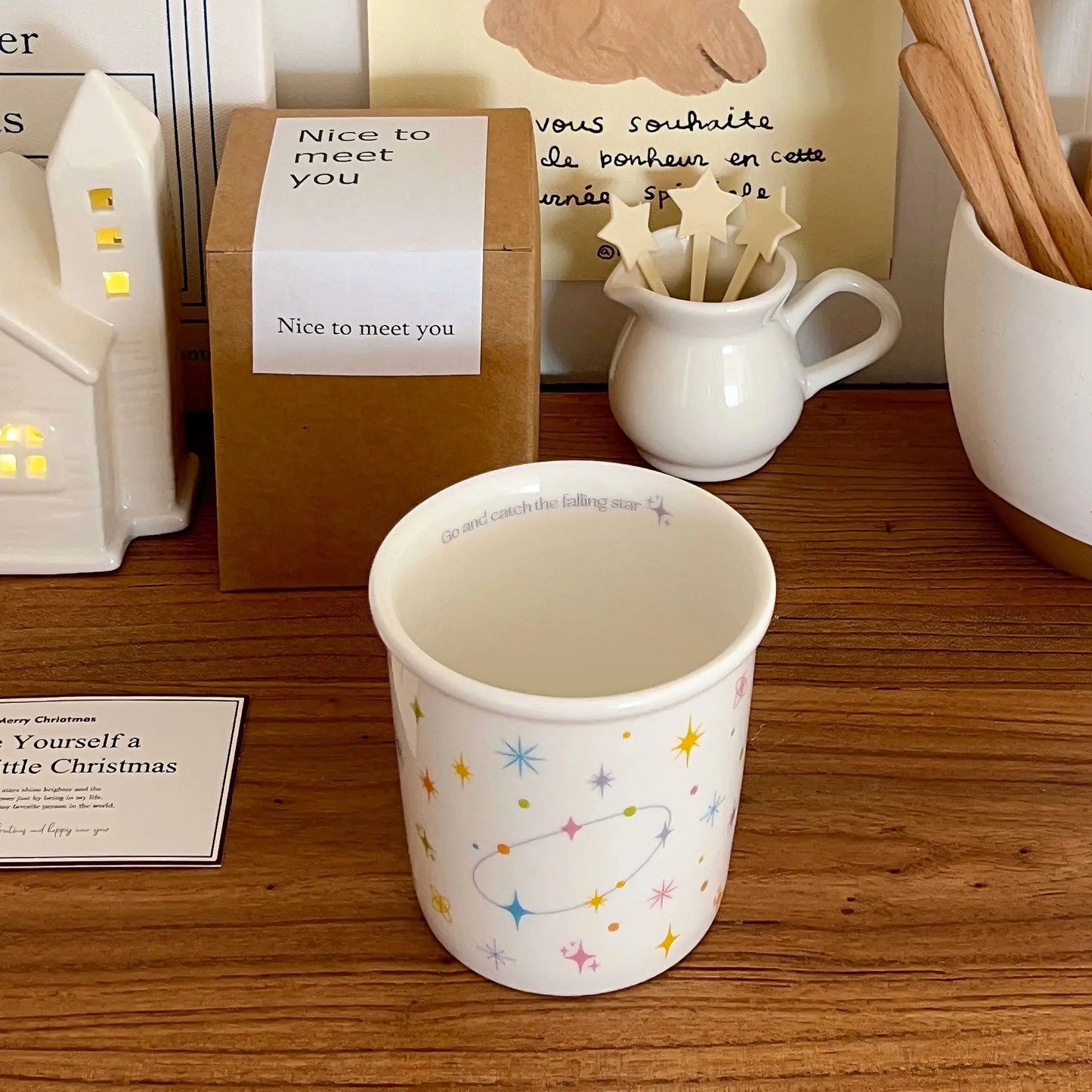 Colorful polka dot smiling face holding cup ceramic coffee cup