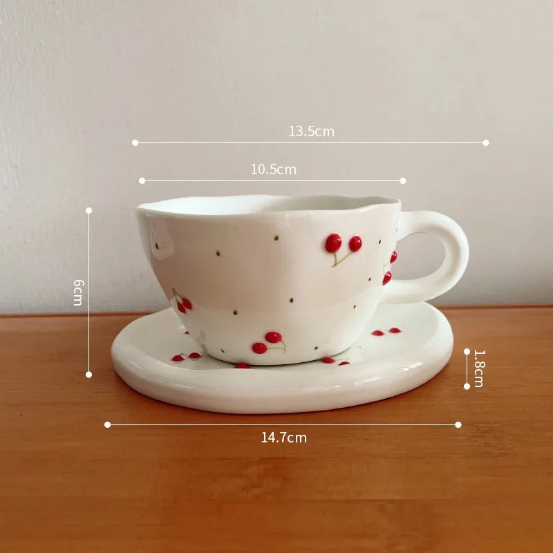 300ml 10oz Hand -painted Embossed Cherry Coffee Cup Exquisite Retro Ceramics Cherry Coffee Cup Cup Afternoon Tea Cup 1 Piece