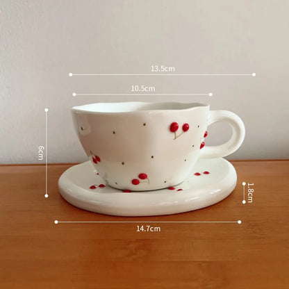 300ml 10oz Hand -painted Embossed Cherry Coffee Cup Exquisite Retro Ceramics Cherry Coffee Cup Cup Afternoon Tea Cup 1 Piece
