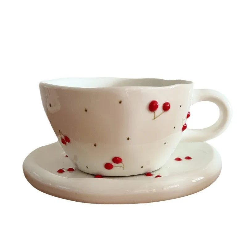 300ml 10oz Hand -painted Embossed Cherry Coffee Cup Exquisite Retro Ceramics Cherry Coffee Cup Cup Afternoon Tea Cup 1 Piece