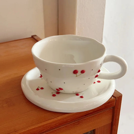 300ml 10oz Hand -painted Embossed Cherry Coffee Cup Exquisite Retro Ceramics Cherry Coffee Cup Cup Afternoon Tea Cup 1 Piece