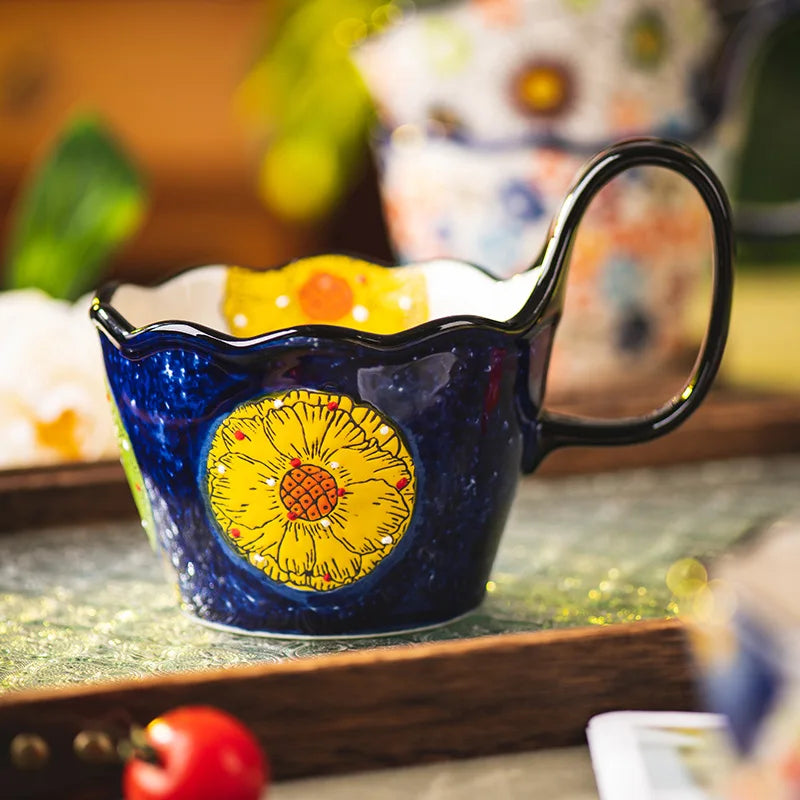 1pc Hand Drawn Handle Cup, Ceramic Water Cup, Home Breakfast Cup, Mug, Office Cup, Couple Cup, Coffee Cup
