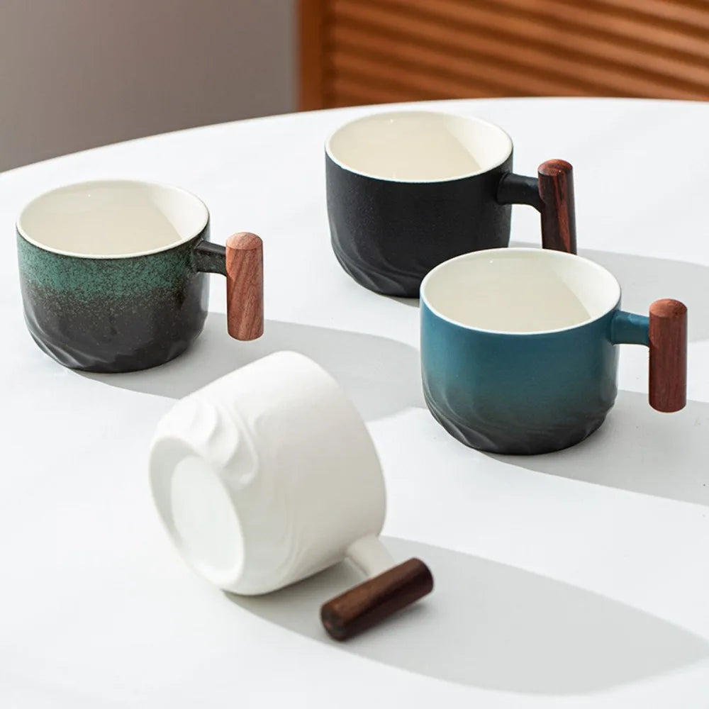 Creative Ceramic Retro Coffee Cup Handmade Kiln Design Filter Tea Mug Wooden Handle Office Water Cup Birthday Gift