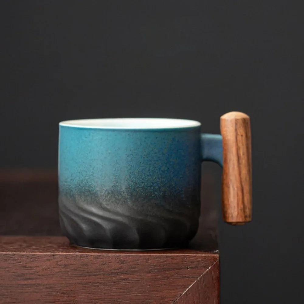 Creative Ceramic Retro Coffee Cup Handmade Kiln Design Filter Tea Mug Wooden Handle Office Water Cup Birthday Gift