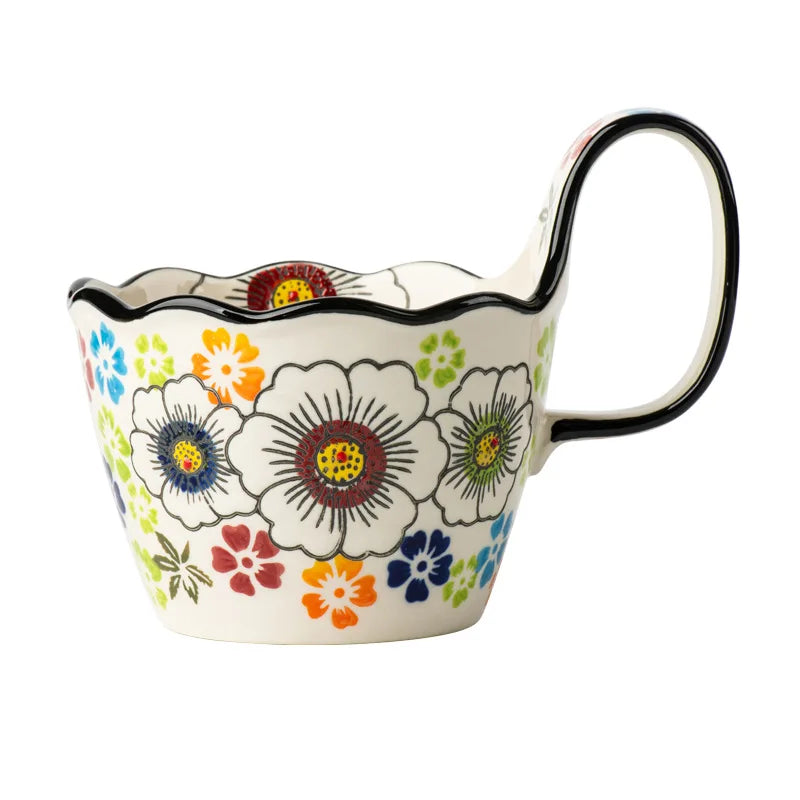 1pc Hand Drawn Handle Cup, Ceramic Water Cup, Home Breakfast Cup, Mug, Office Cup, Couple Cup, Coffee Cup