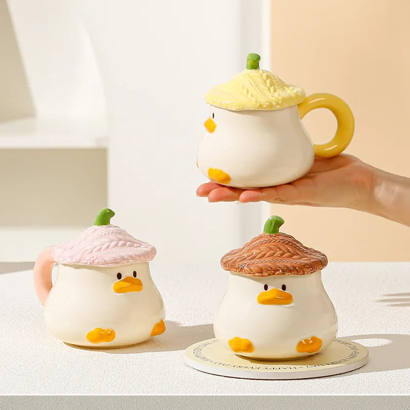 Cup Cartoon Duckling Mug Underglaze Colored Cup With Cute Lid Water Cup High Aesthetic Value Household Ceramic Cup Breakfast Cup