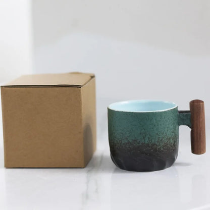 Creative Ceramic Retro Coffee Cup Handmade Kiln Design Filter Tea Mug Wooden Handle Office Water Cup Birthday Gift