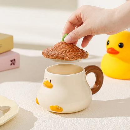 Cup Cartoon Duckling Mug Underglaze Colored Cup With Cute Lid Water Cup High Aesthetic Value Household Ceramic Cup Breakfast Cup