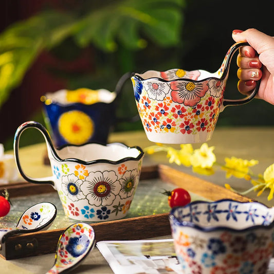 1pc Hand Drawn Handle Cup, Ceramic Water Cup, Home Breakfast Cup, Mug, Office Cup, Couple Cup, Coffee Cup